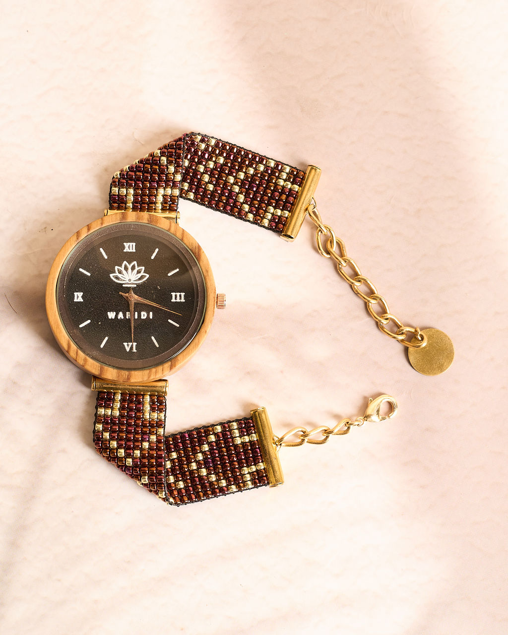 Milele wooden watch - Beaded Strap Brown/Gold