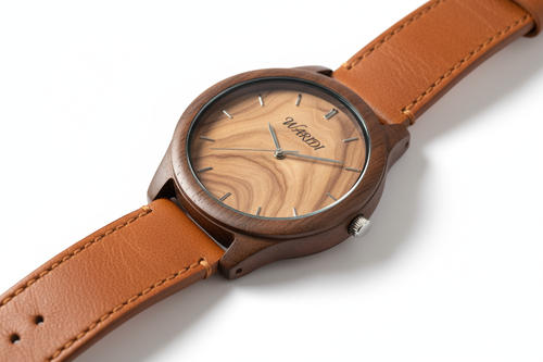 wooden watch with waridi logo, leather straps